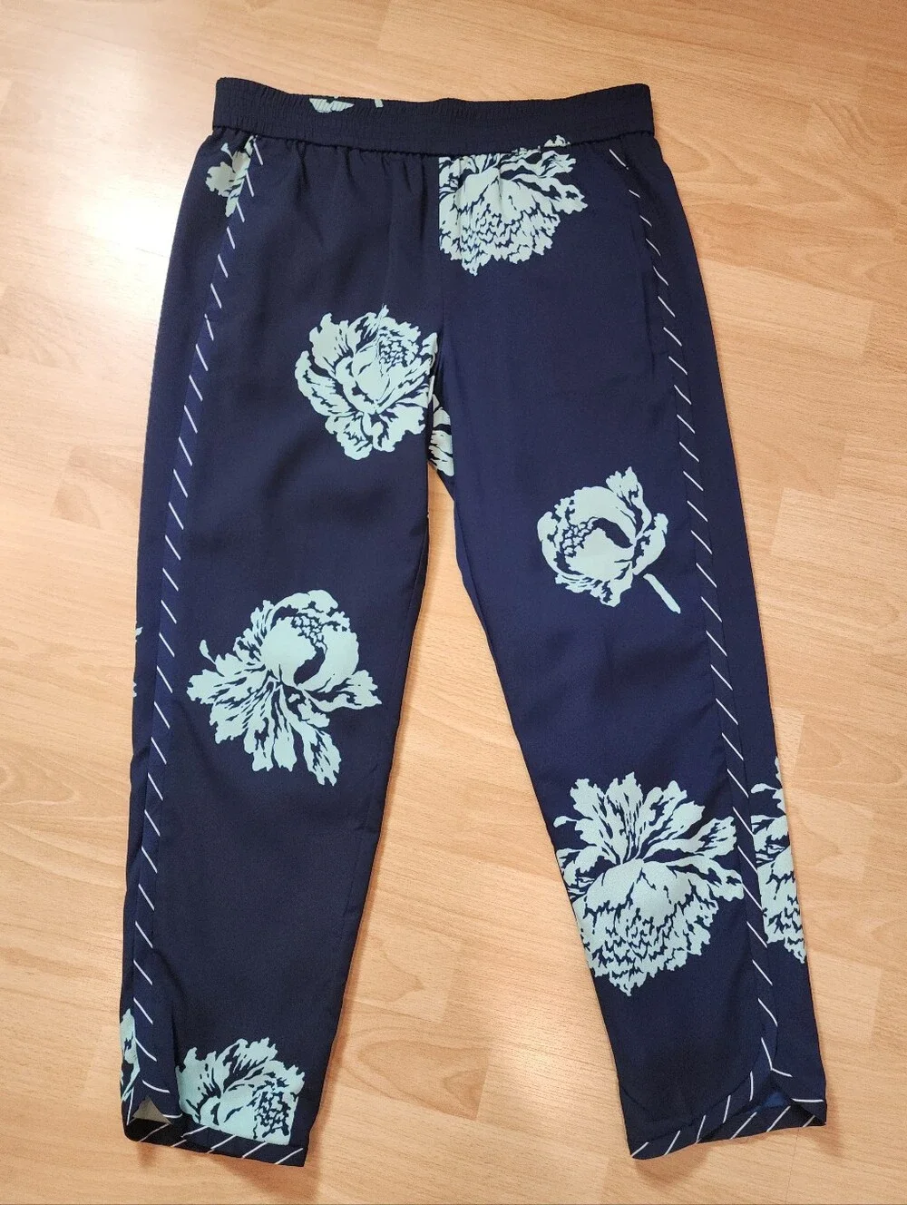 J. Crew Pull On Reese Pants Lined Navy Blue Floral Peony Women's Size 8